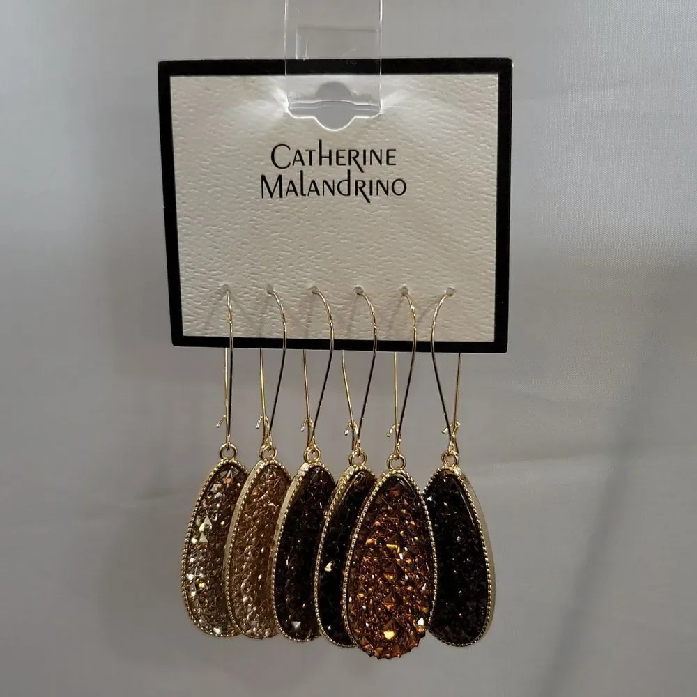 BRAND CATHERINE MALANDRINO FLAT TEARDROP DANGLE SPARKLY GLITTER CHARM EARRINGS